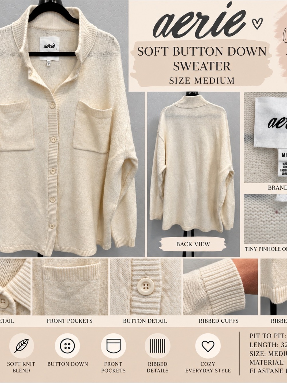 Aerie Soft Oversized Button Down Sweater Cardigan Ivory Cream M Pockets